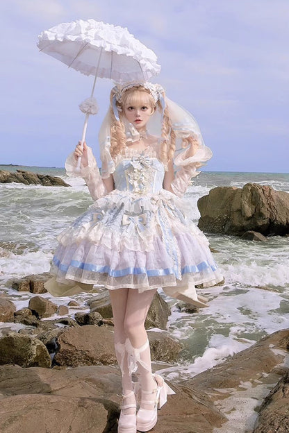 Sleeveless Embroidered Lace Dress with Fishbone Ruffle and Bow