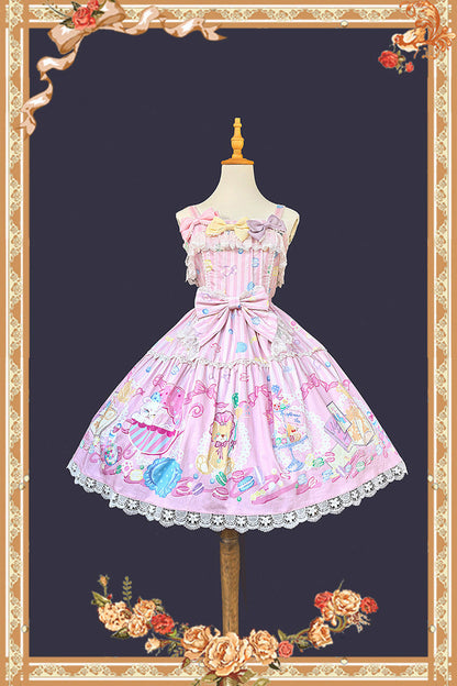 Rose Macarons Dolly House Square Neck Sleeveless Print Bow Sweet Lolita JSK Dress