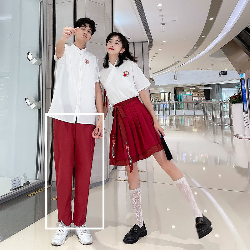 Couple Vintage Embroidery T-Shirt Lace Up Skirt Pants