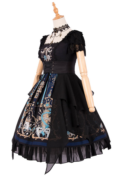 Black Gothic OP Dress Lolita Square Collar Lace Ruffled - Altfashion Shop