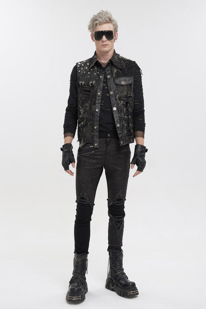 Men's Punk Vest with Skull Sheep Print and Tie-Dye Accent