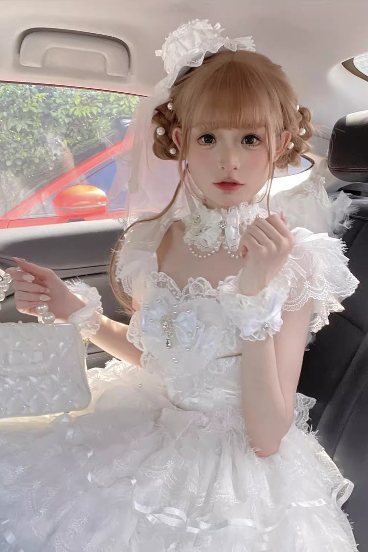 White Feathers Ballad Sleeveless Multi-Layered Ruffle Hanayome Bow Sweet Lolita Jsk Dress