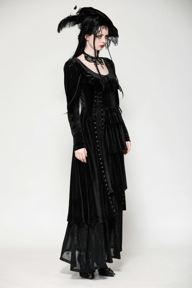 Coal Eyelet Side Slit Gothic Maxi Gown with Long Sleeves