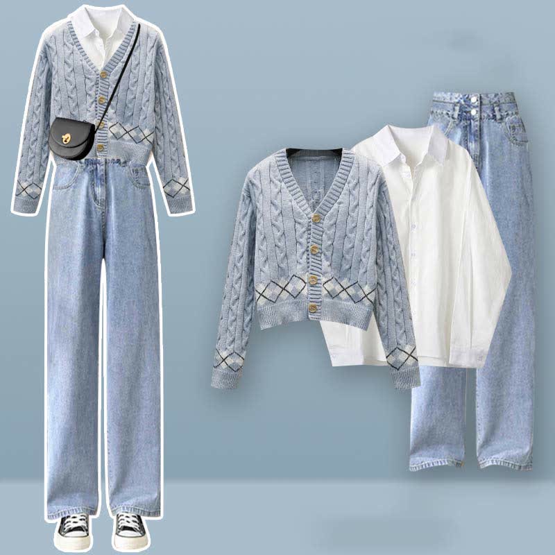 Rhombus Pants Shirt Sweater Set Print Denim Lapel