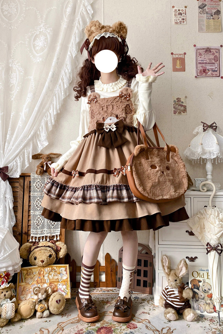 Brown Sweet Lolita Triple-Layered Ruffle Bowknot Strap Dress