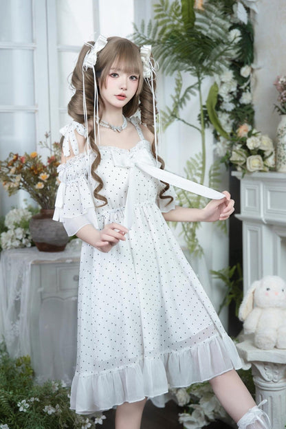 Ivory Off-Shoulder Polka Dot Ruffled Bow Lace Palace Dress