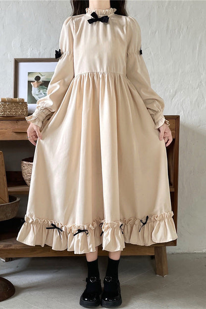 Black/Apricot Sweet Lolita Japanese Puff-Sleeved Ruffle Bowknot Dress