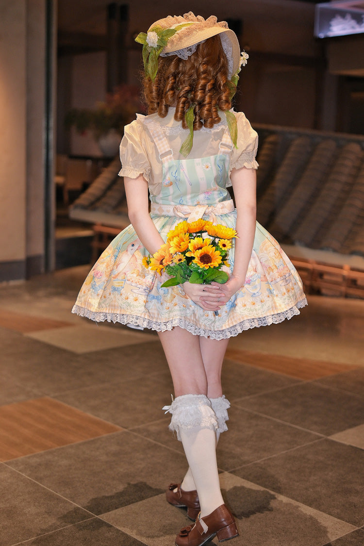 Emerald Pineapple Cat Print Sleeveless Bowknot Lace Sweet Lolita Strap Dress