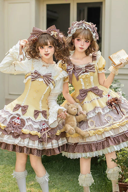 Polka Dot Cake Layered Print Ruffled Bow Sweet Lolita OP in Yellow Brown