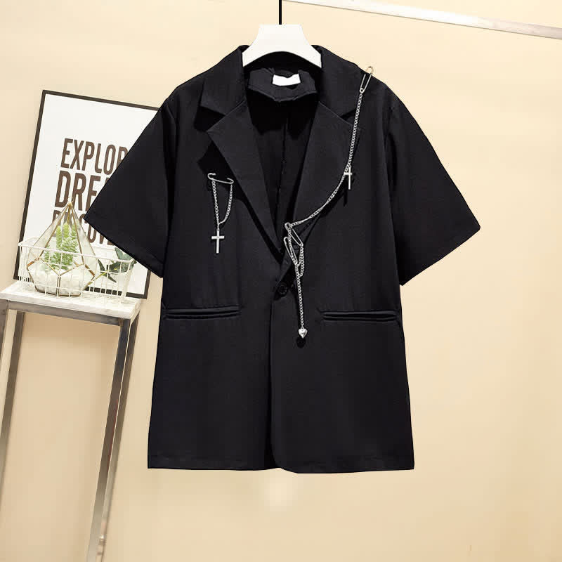 Black Lapel Blazer Wide Leg Chain Cargo Shorts modakawa