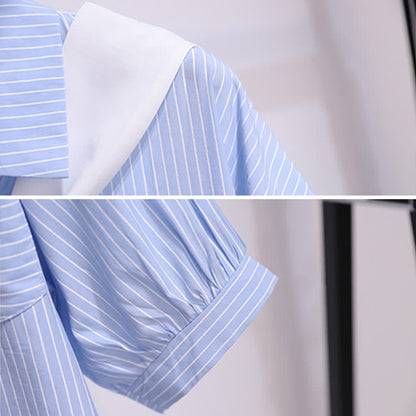 Chic Shorts Pocket Lapel T-Shirt Stripe Denim Ripped