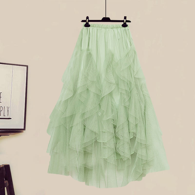 Shirt Fake Colorblock Skirt Tulle Set Tiered