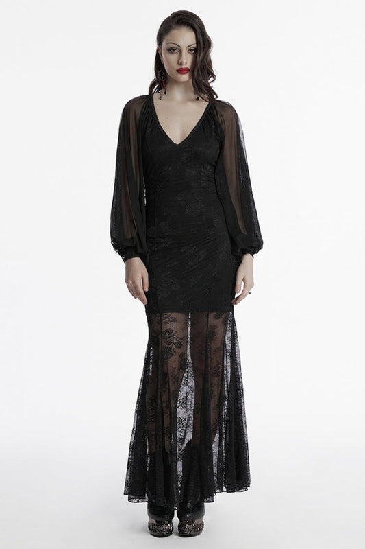 Plunging Batwing Sleeve Hollow Embroidered Punk Dress