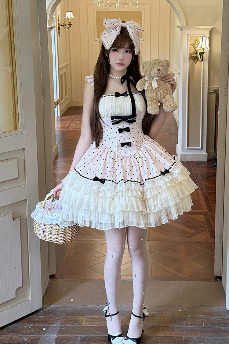 Rose Dot Waltz Square Neck Flutter Sleeve Triple Layer Printed Ruffle Bow JSK Dress