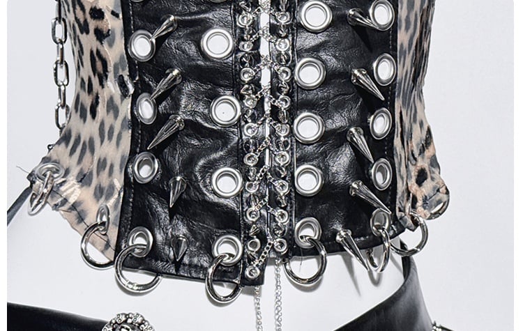 Black Leopard Stud Ring PU Corset Top