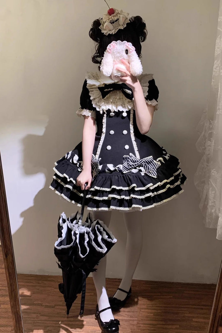 Ebony Striped Layered Short Sleeves Multi Ruffle Bow Sweet Princess Lolita Tiered Dress