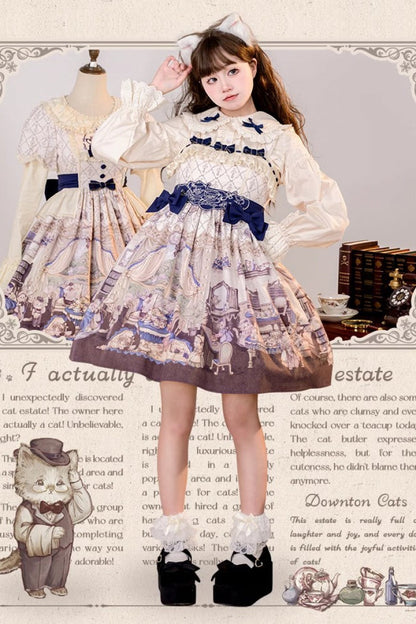 Cat Manor Print Embroidered Bow Sweet Jumper Dress