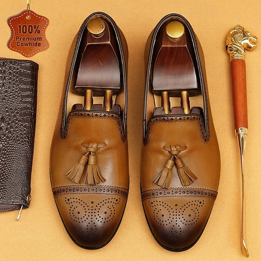 Men's Brown Leather Tassel Loafers with Brogue Detailing,