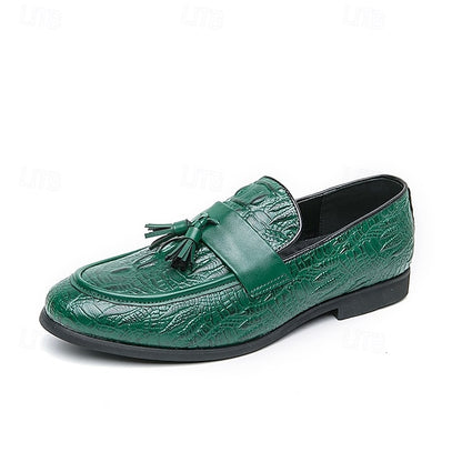 Men's Green Faux Leather Loafers with Crocodile Embossed