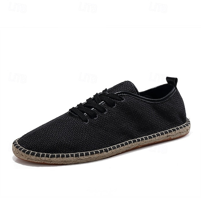 Men's Beige Canvas Lace-Up Espadrille Shoes with Jute Rope