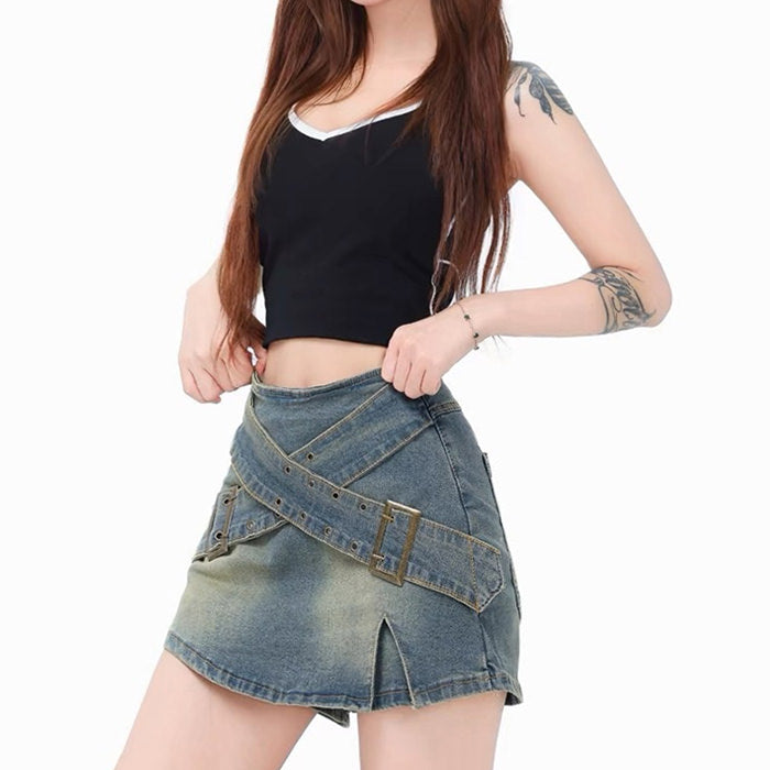 Y2K Double Buckle Denim Mini Skirt