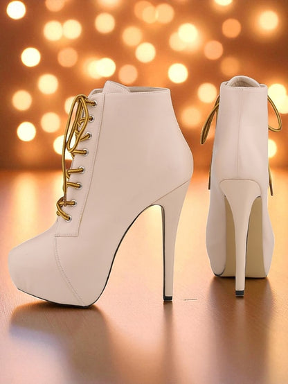 Faux Ankle Women's Lace-Up Boots Beige Platform - Leather