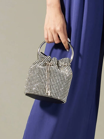 Bucket Bag Sparkling Silver Women's Rhinestone with Metal