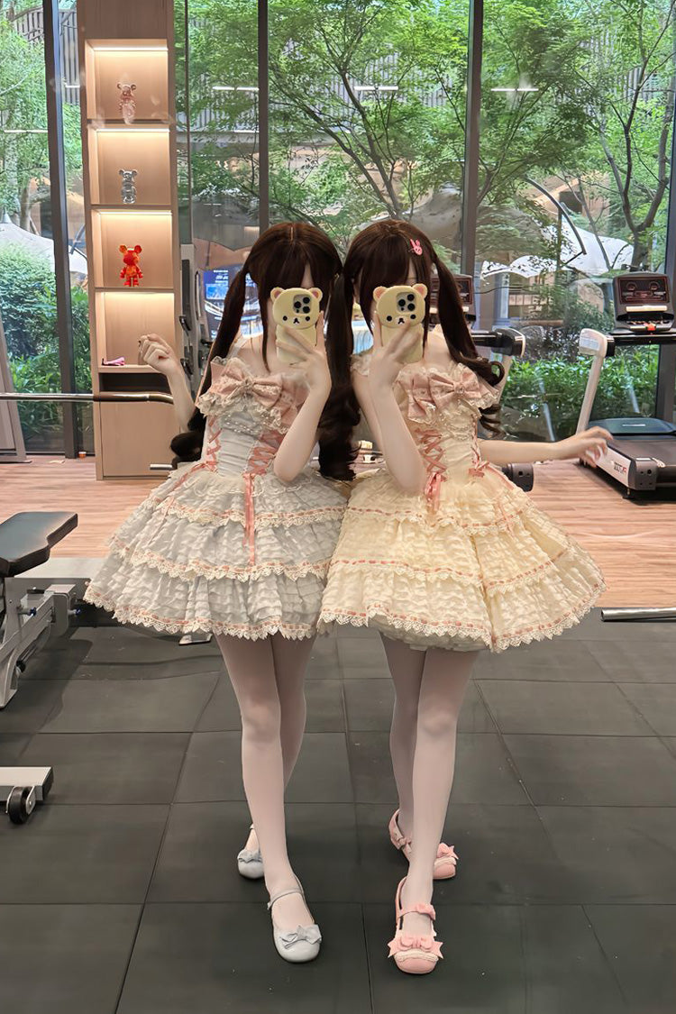 Apricot Floral Letters Song Sleeveless Triple-Layered Bow Lace-Up Sweet Lolita Jsk Dress