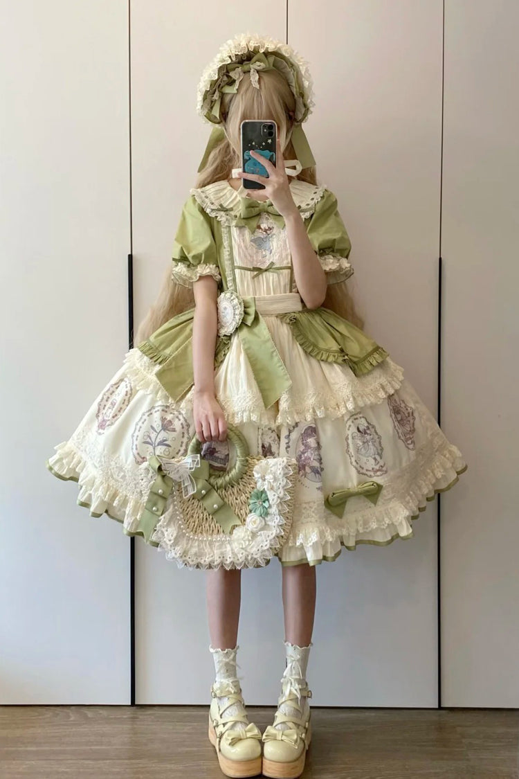 Emerald Little Ida's Flowers Short Sleeves Print Ruffle Bow Sweet Lolita Dress