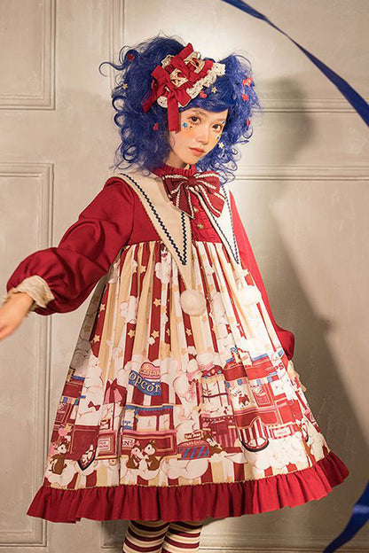 Red Sweet Lolita OP Dress with Bowknot and Lantern Sleeves