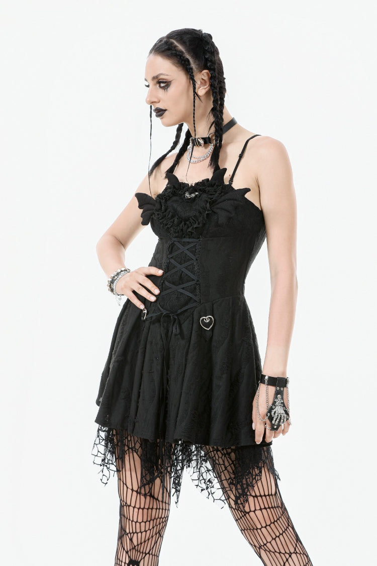 Pleated Dark Demon Slip Dress with Corset Lacing - NoirEdge