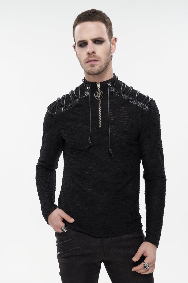 High Collar Lace-Up Pentagram Embellished Long Sleeve Tee