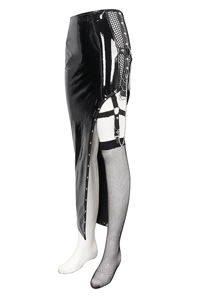 Patent Leather Asymmetric Black Punk Skirt with Mesh Stocking