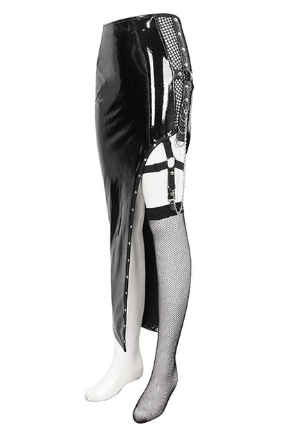 Patent Leather Asymmetric Black Punk Skirt with Mesh Stocking
