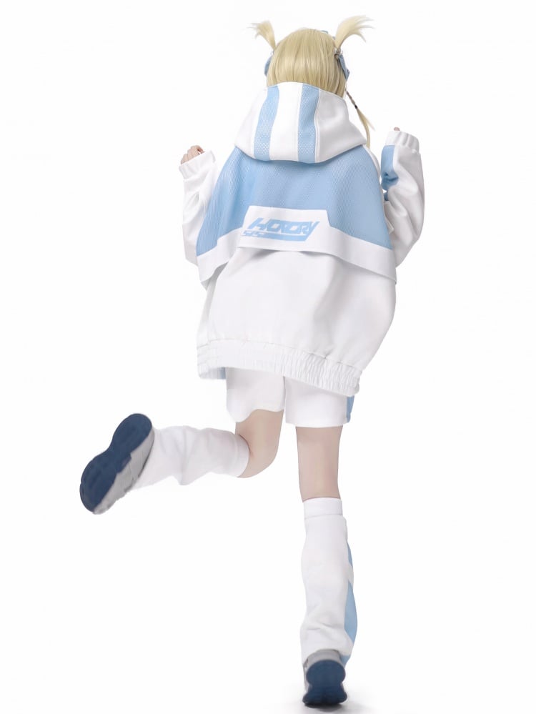 White and Blue Mesh Splicing Zip Hoodie Tenshi Kaiwai Sweatshirt