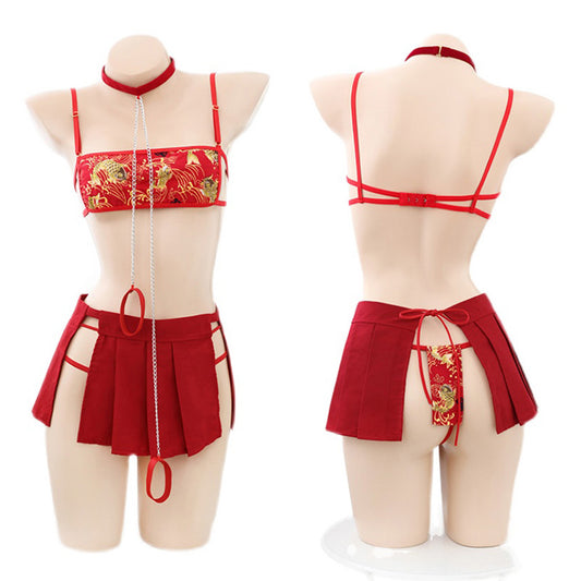 Vintage Han Costume Koi Fish Print Chian Sexy Lingerie Set