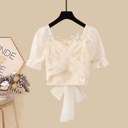 Crop Fishtail Set Tulle Top Bow Two Skirt T-Shirt Knot Denim Butterfly Pieces