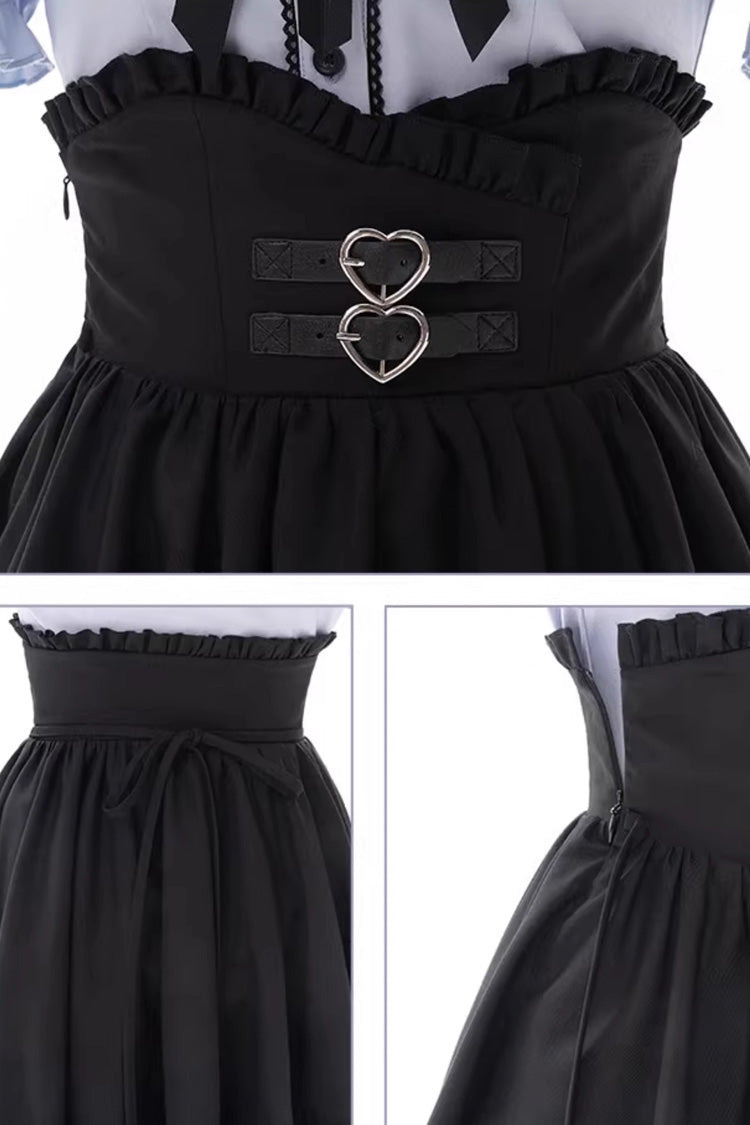 Black Blue Off-Shoulder Short Sleeve Ruffle Bow Set