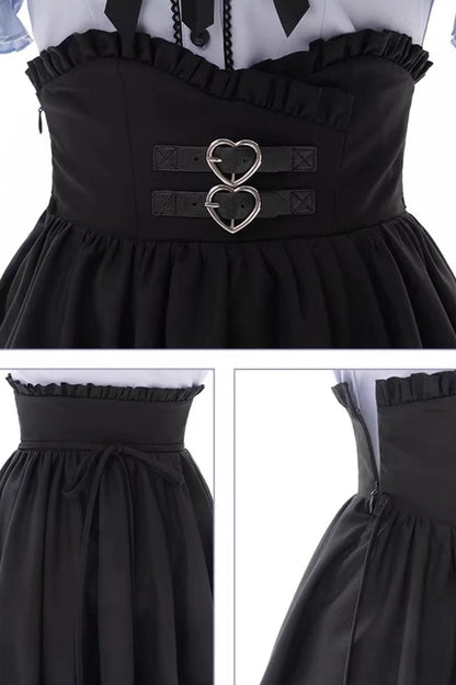 Black Blue Off-Shoulder Short Sleeve Ruffle Bow Set