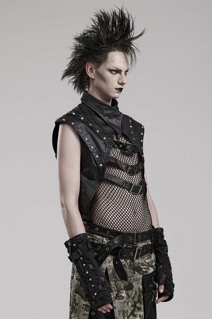 Steampunk Men's Vest with Faux Leather Stitching Mesh Sheer and Metal Rivets