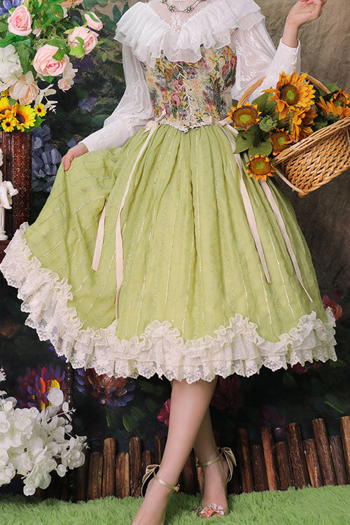 Green Elegant Vintage Tulip Multi-Layer Ruffle Classic Lolita Dress