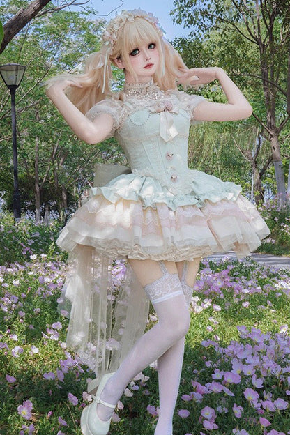 Green Fleeting Light Shallow Dream Sleeveless Multi-Layered Ruffle Bowknot Lace Slim Sweet Ballet Jsk Dress