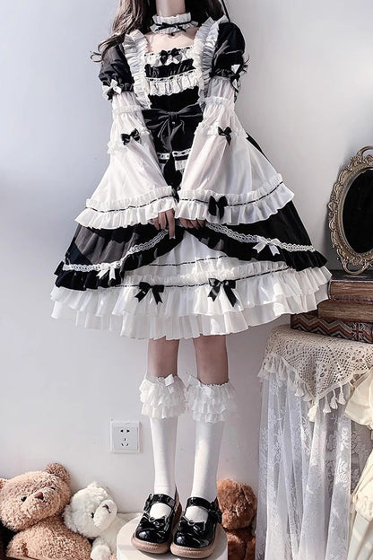 Hime Sleeves Gothic Princess Dress with Multi-Layer Ruffled Cardigan and Bow