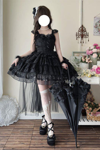 Black Broken Wings Rebirth Sleeveless Multi-Layered Ruffle Bow Lace-Up Gothic Ballet Lolita Jsk Dress