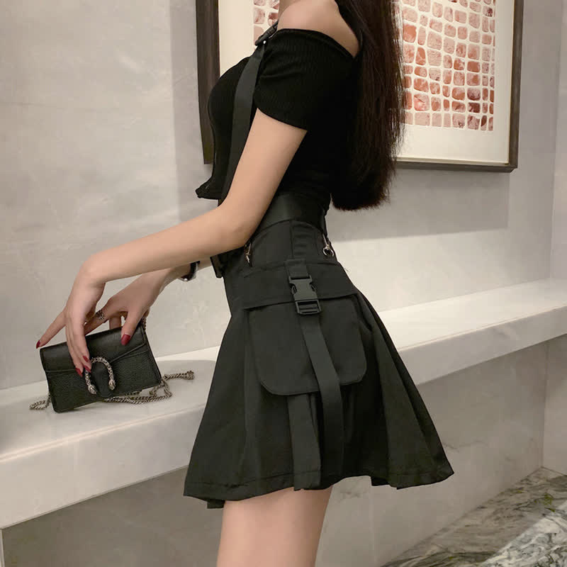 Black Cool Buckle Strap Zipper Crop Top Belted Pleated Skirt