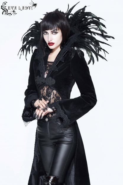 Gothic Tailcoat for Women with Feathered Collar Long Sleeves and Bowknot