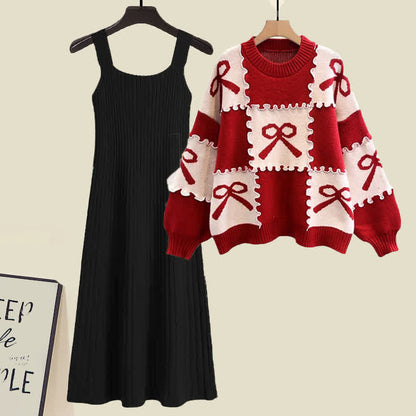 Slip Bow Red Dress Print Colorblock Sweater Set Knot
