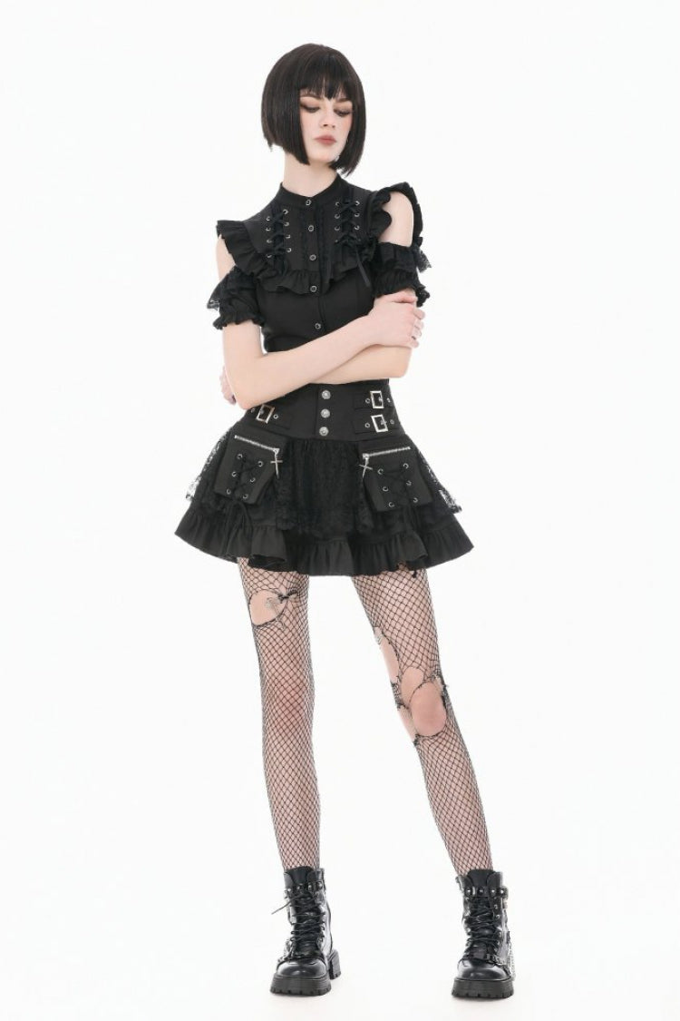 Gothic Blouse with Mandarin Collar and Puff Sleeves