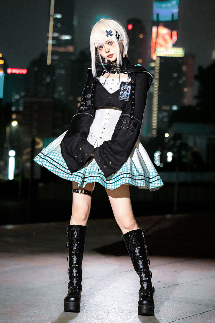Black and Ivory Electronic Cat Print Future Suit Gothic Cool Lolita Dress