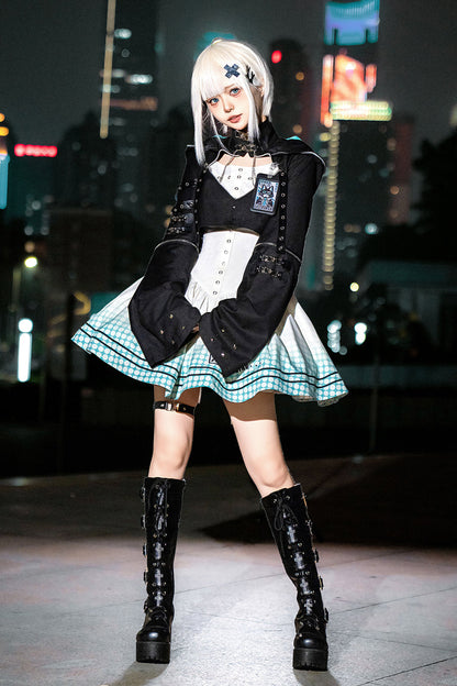 Black and Ivory Electronic Cat Print Future Suit Gothic Cool Lolita Dress
